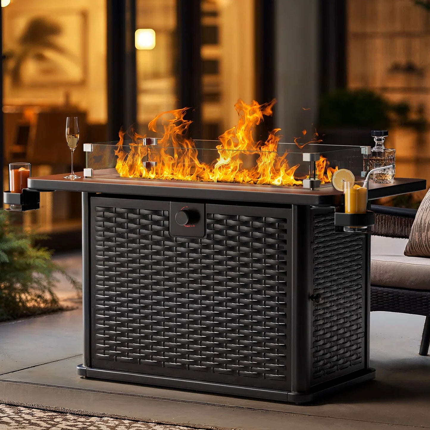 43" Propane Fire Pit Table with Wind Guard - 60,000 BTU Gas Fire Pit with Blue Glass Rocks, Waterproof Cover & 2 Cup Holders for Deck, Backyard, Garden