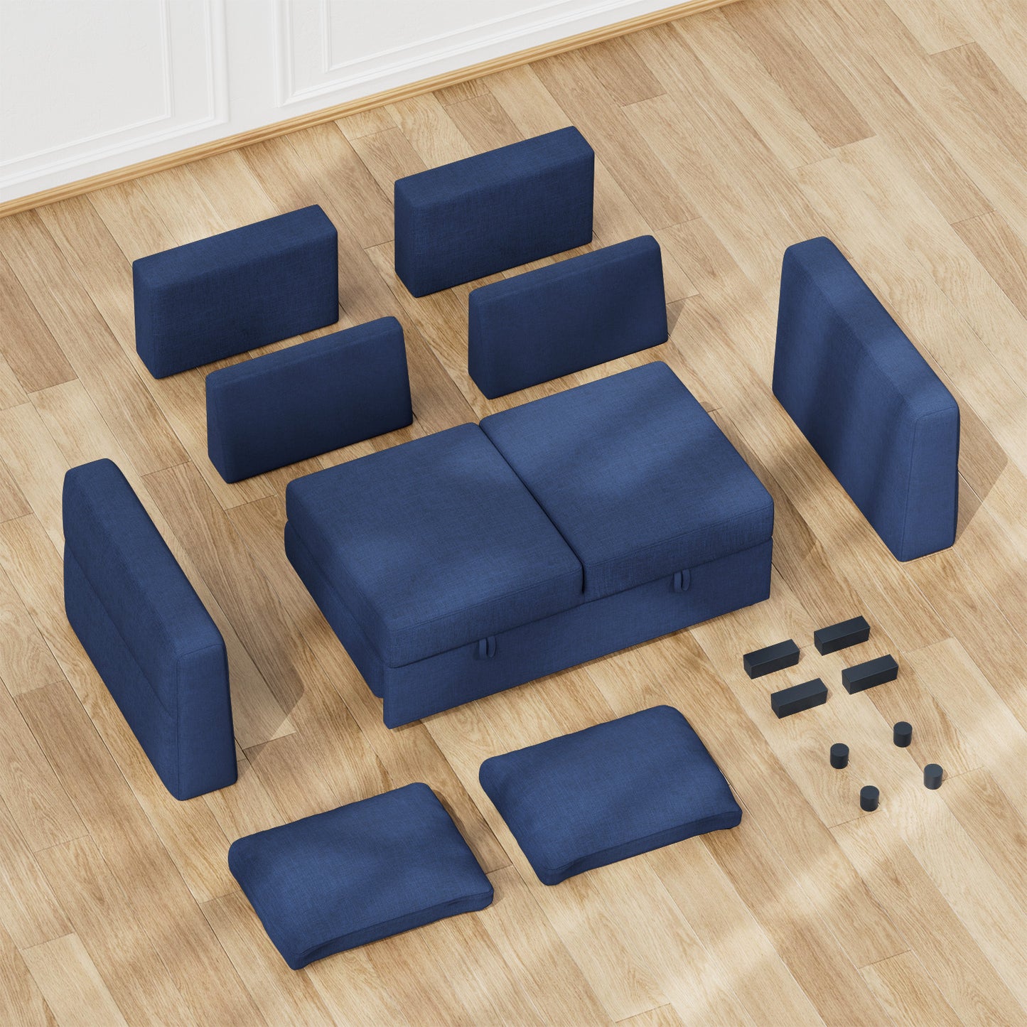 CHITOOMA 60'' Linen Pull Out Sofa Bed Convertible Sleeper Couch with Charging Port, Upholstered Sectional Sofa with 2 Pillows, Reclining Sofas for Living Room, Blue