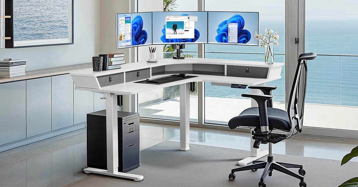 Kyspho 65'' L Shaped Standing Desk, Electric Height Adjustable Corner Computer Desk with 3 Drawers & 2 Cable Management Trays, Sit Stand Up Desk for Gaming Home Office, White