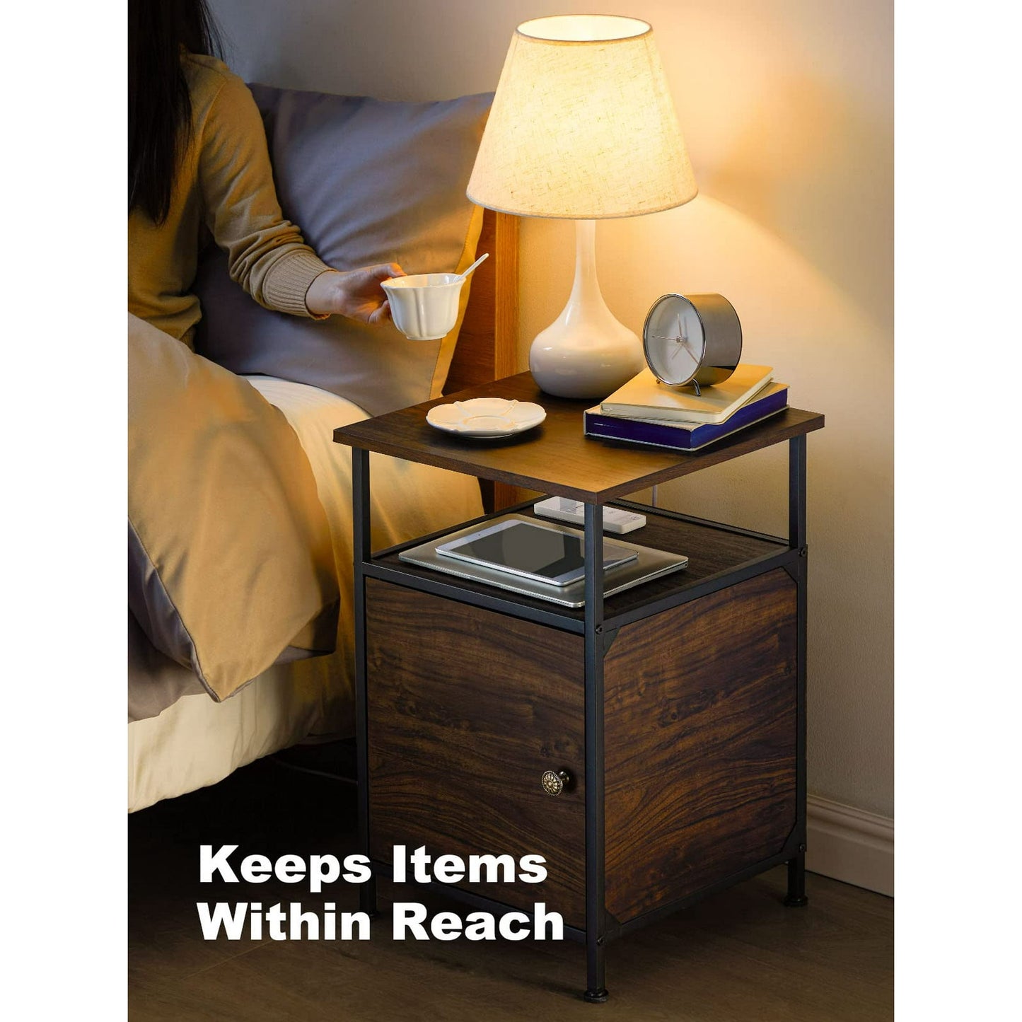 2-Tier Rustic Full Metal Frame Nightstand Table Bedside End Table with Drawer for Livingroom Bedroom