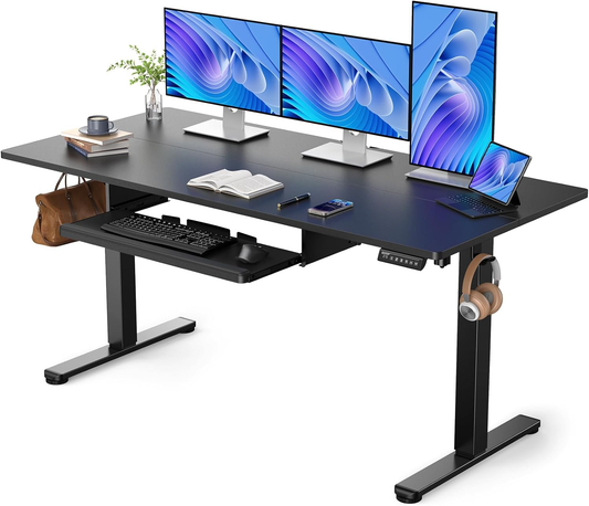63" x 28" Large Electric Standing Desk with Keyboard Tray and 4 Memory Pre-set, Adjustable Height Sit Stand Up Computer Desk, Black