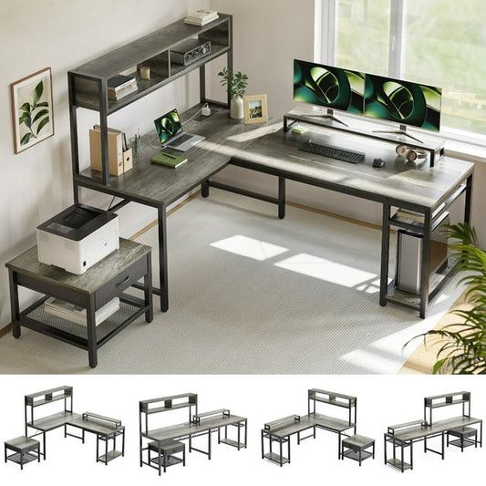 67'' L Shaped Computer Desk with Hutch & Monitor Stand Reversible L-Shaped Gaming Desk with Power Outlet & LED Strip for Home Office, Grey - Walmart.com