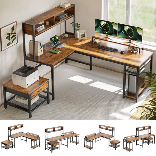 67'' L Shaped Computer Desk with Hutch & Monitor Stand Reversible L-Shaped Gaming Desk with Power Outlet & LED Strip for Home Office, Brown - Walmart.com