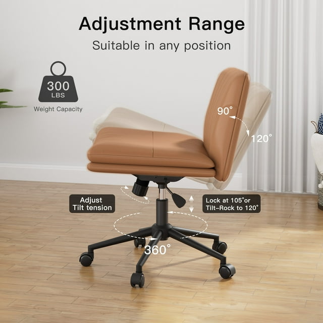 PU Armless Office Desk Chair with Wheels,PU Leather Cross Legged Wide Chair,Mid Back Adjustable Swivel Computer Task Chairs Vanity Chair for Home,Office(Brown) - Walmart.com