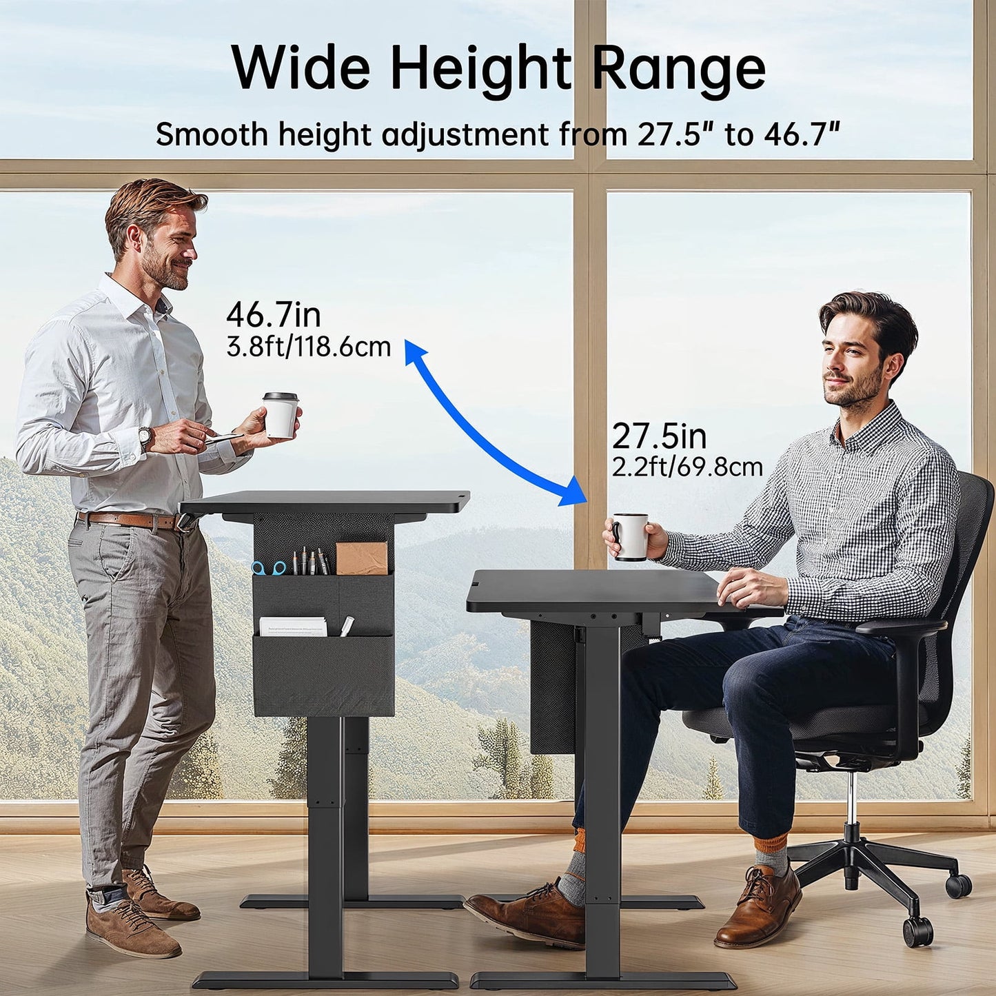 CHITOOMA Electric Standing Desk with Storage Bag, 48" x 24" Adjustable Height Sit to Stand Desk with 4 Memory Pre-Set, Headphone Hook for Home Office, Black