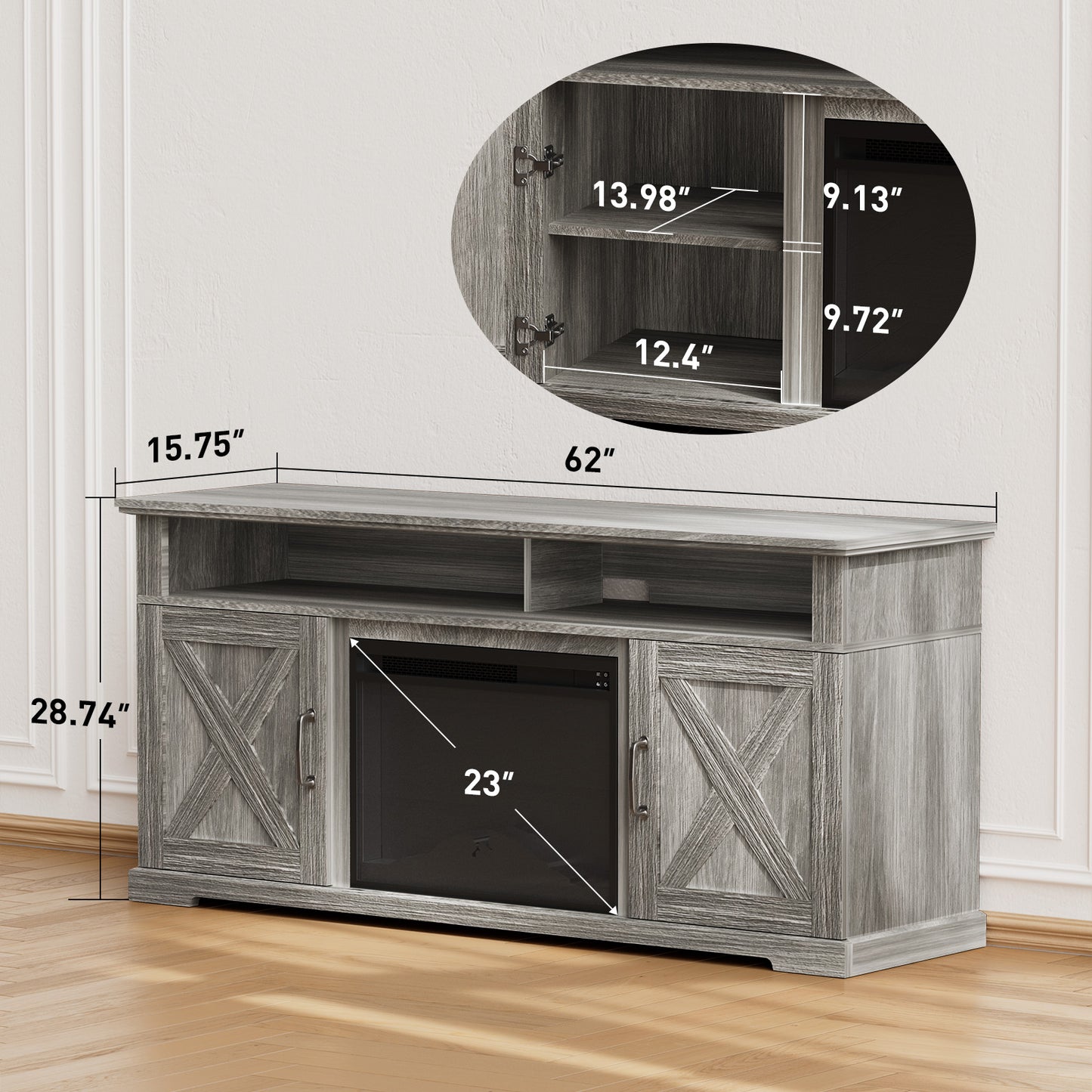 Electric Fireplace TV Stand for TVs up to 65", Farmhouse Entertainment Center with Fireplace, Grey