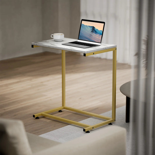 C-Shaped End Table Sofa Side Table for Couch Slide Under, White