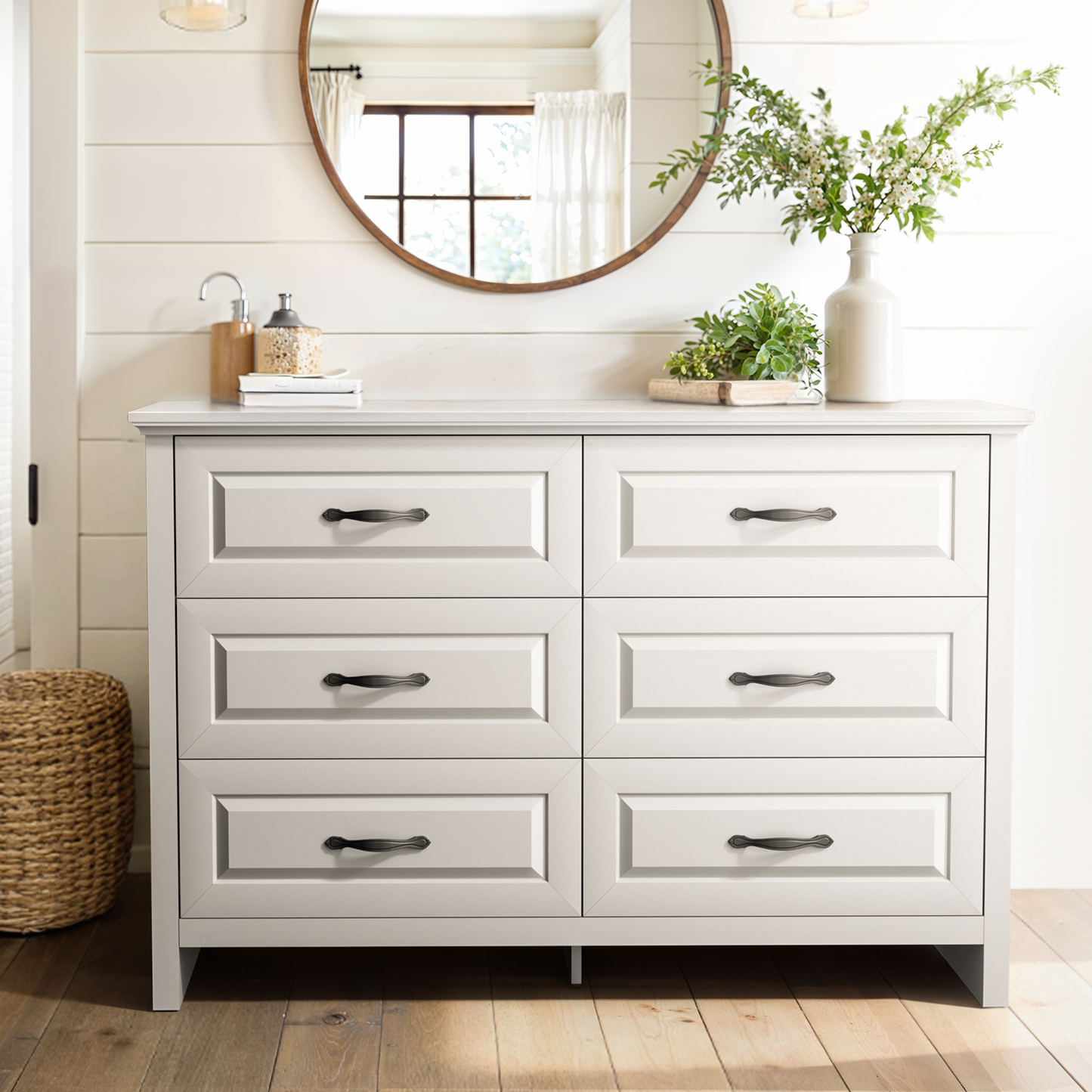 Farmhouse 6 Drawer Dresser for Bedroom, 47.2" Wide Double Dresser with Large Drawers, Wooden Chest of Drawers for Living Room, Hallway, Entryway, Nursery Room, White