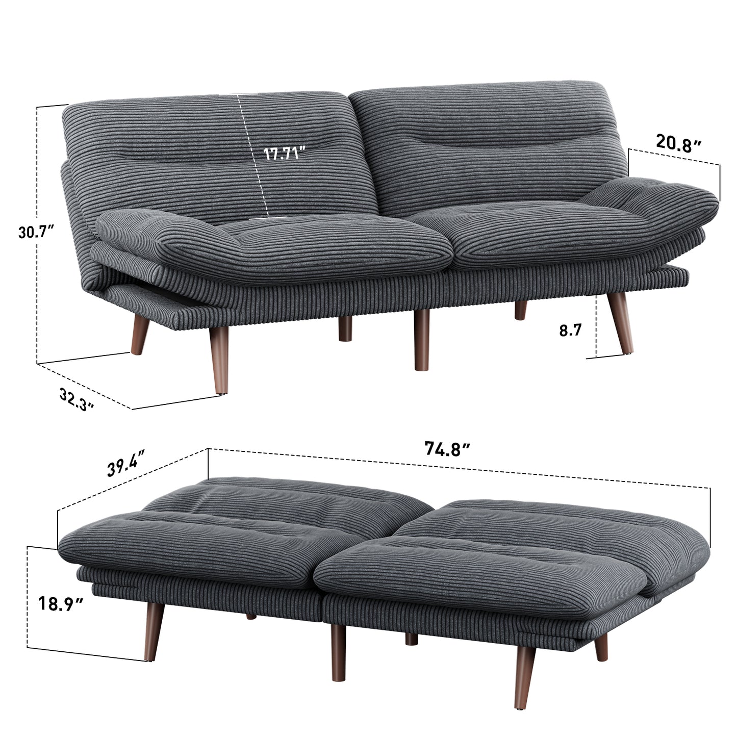 CHITOOMA 75" W Corduroy Convertible Futon Sofa Bed with Adjustable Backrest & Armrests, Comfy Loveseat Folding Sleeper Sofa Couches for Living Rooms Apartment Office, Gray