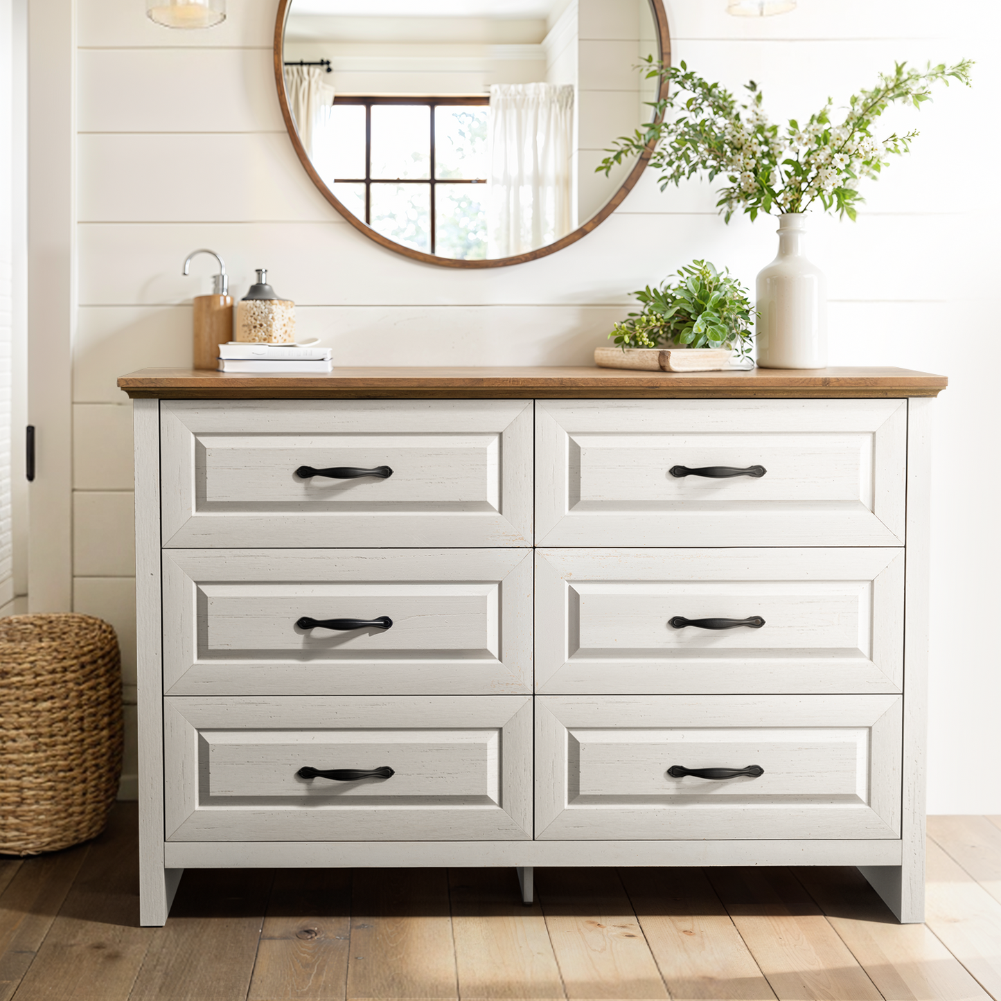 Farmhouse 6 Drawer Dresser for Bedroom, 47.2" Wide Double Dresser with Large Drawers, Wooden Chest of Drawers for Living Room, Hallway, Entryway, Nursery Room, White & Brown