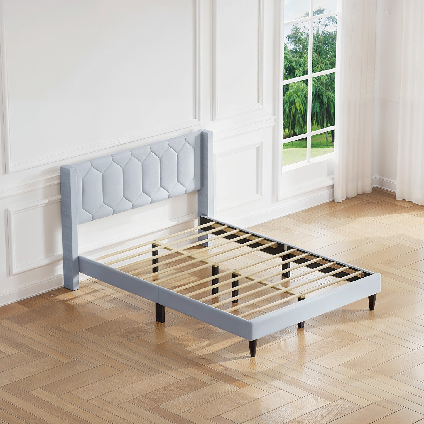 CHITOOMA Full Size Bed Frame with Wingback Headboard, Velvet Upholstered Platform Bed Frame Full No Box Spring Needed, Noise-Free, Heavy Duty, Light Grey