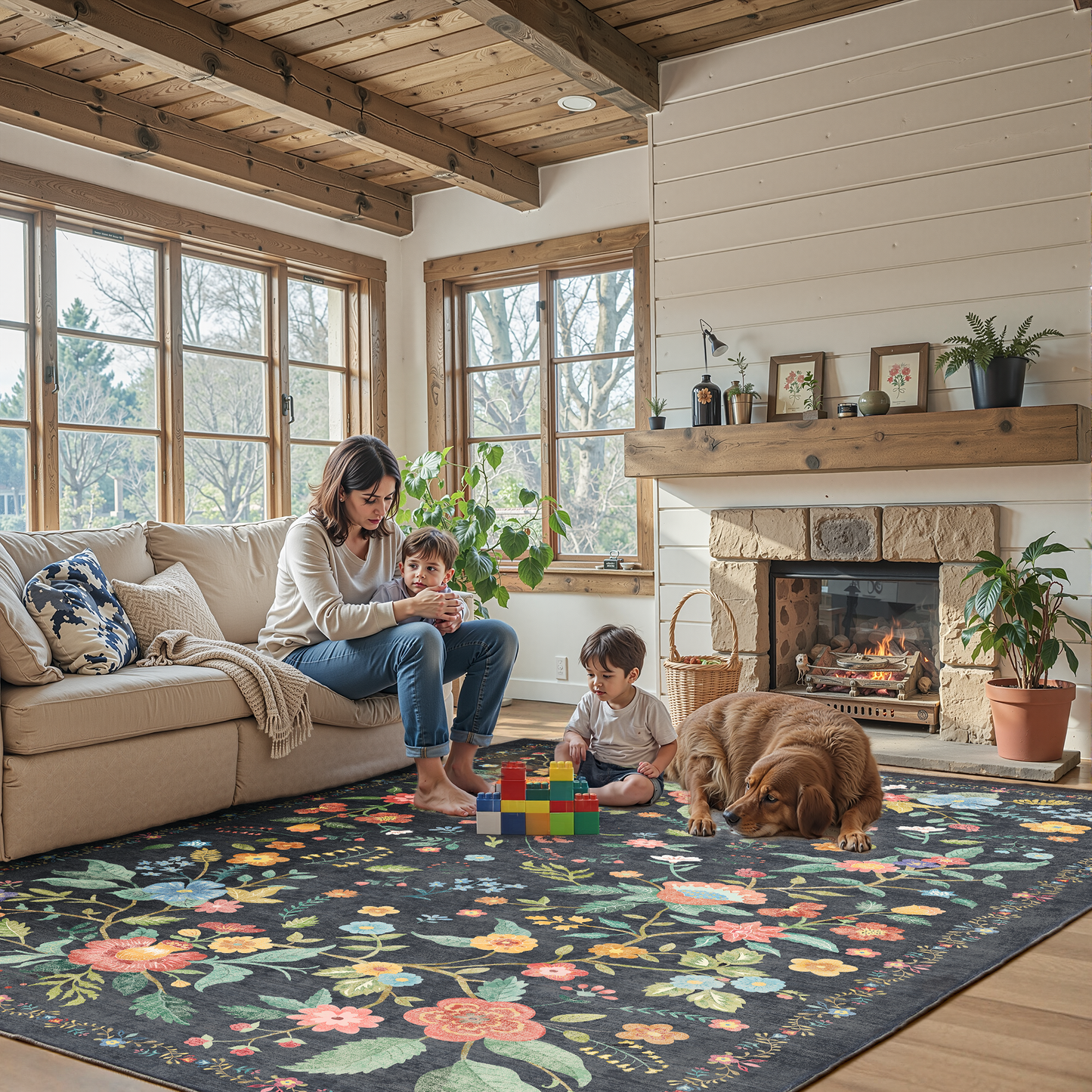 6'x9' Boho Area Rugs for Living Room, Machine Washable Area Rug with Non-Slip Backing, Stain Resistant Non-Shed Carpet for Bedroom, Dining Room, Dorm, Office