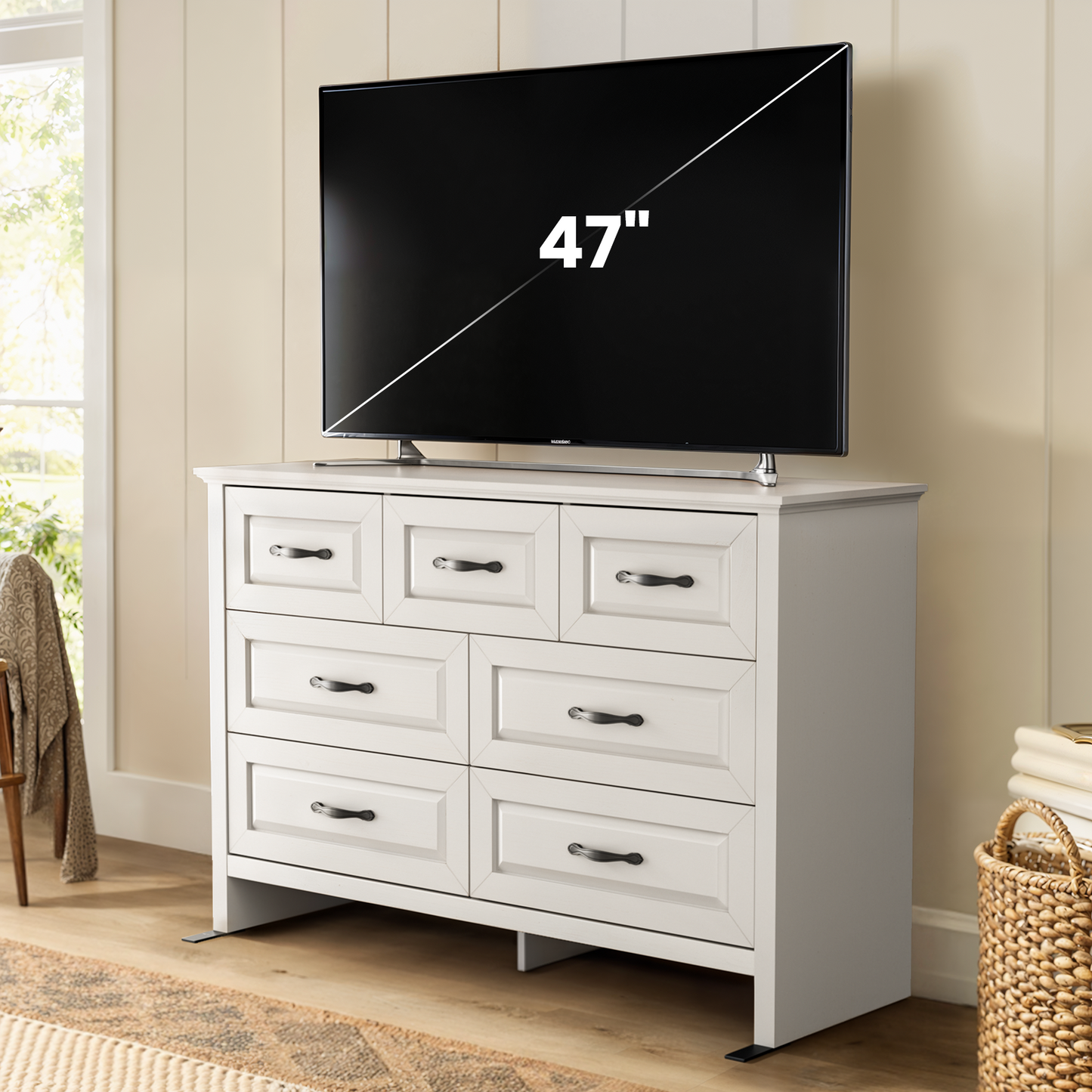 Farmhouse 7 Drawer Double Dresser for Bedroom, 47.2"W Contemporary Wood Chest of Drawer Storage Cabinet for Living Room, Hallway, Entryway, Nursery Room, White
