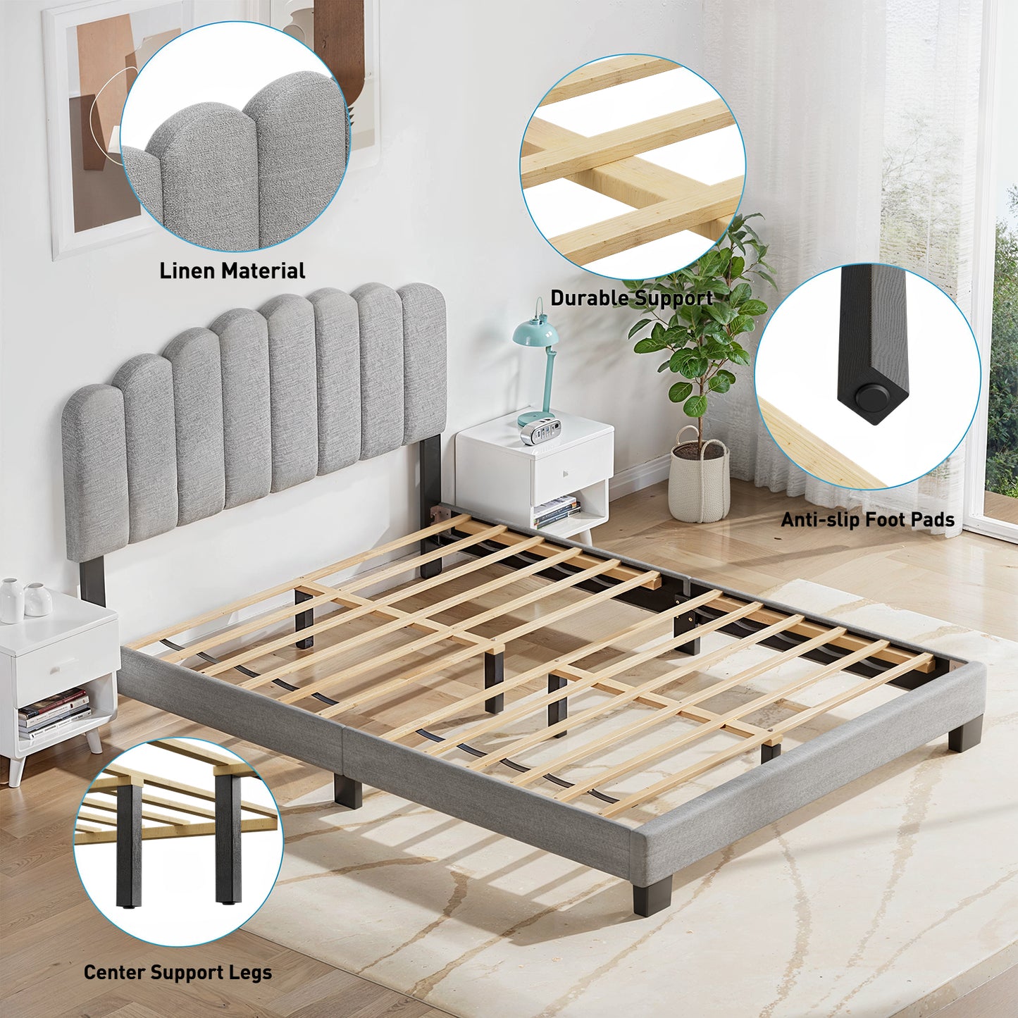 CHITOOMA Full Size Bed Frame with Adjustable Headboard, Grey Linen Upholstered Platform Bed Frame Full No Box Spring Needed, Noise-Free, Heavy Duty
