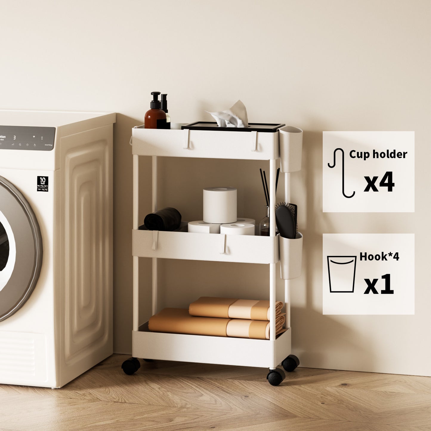 3 Tier Removable Slim Storage Cart with Wheels, Bathroom Cart Organizer Small, Rolling Cart for Bathroom, Kitchen, Narrow Space, White