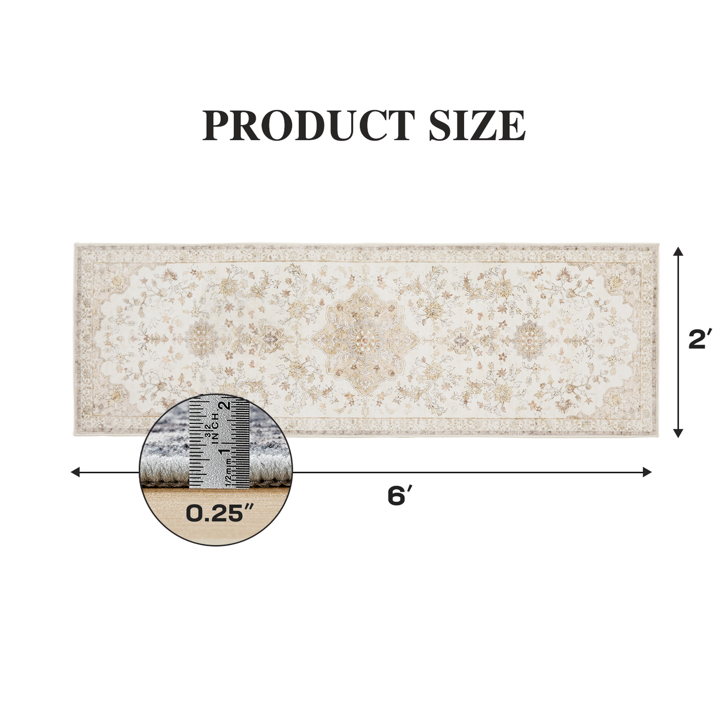 2'x6' Machine-washable Runner Rug for Kitchen, Stain Resistant Non-Shed Carpet, Boho Runner Rug with Non-Slip Backing for Hallway, Entryway, Bedroom, Laundry, Bathroom