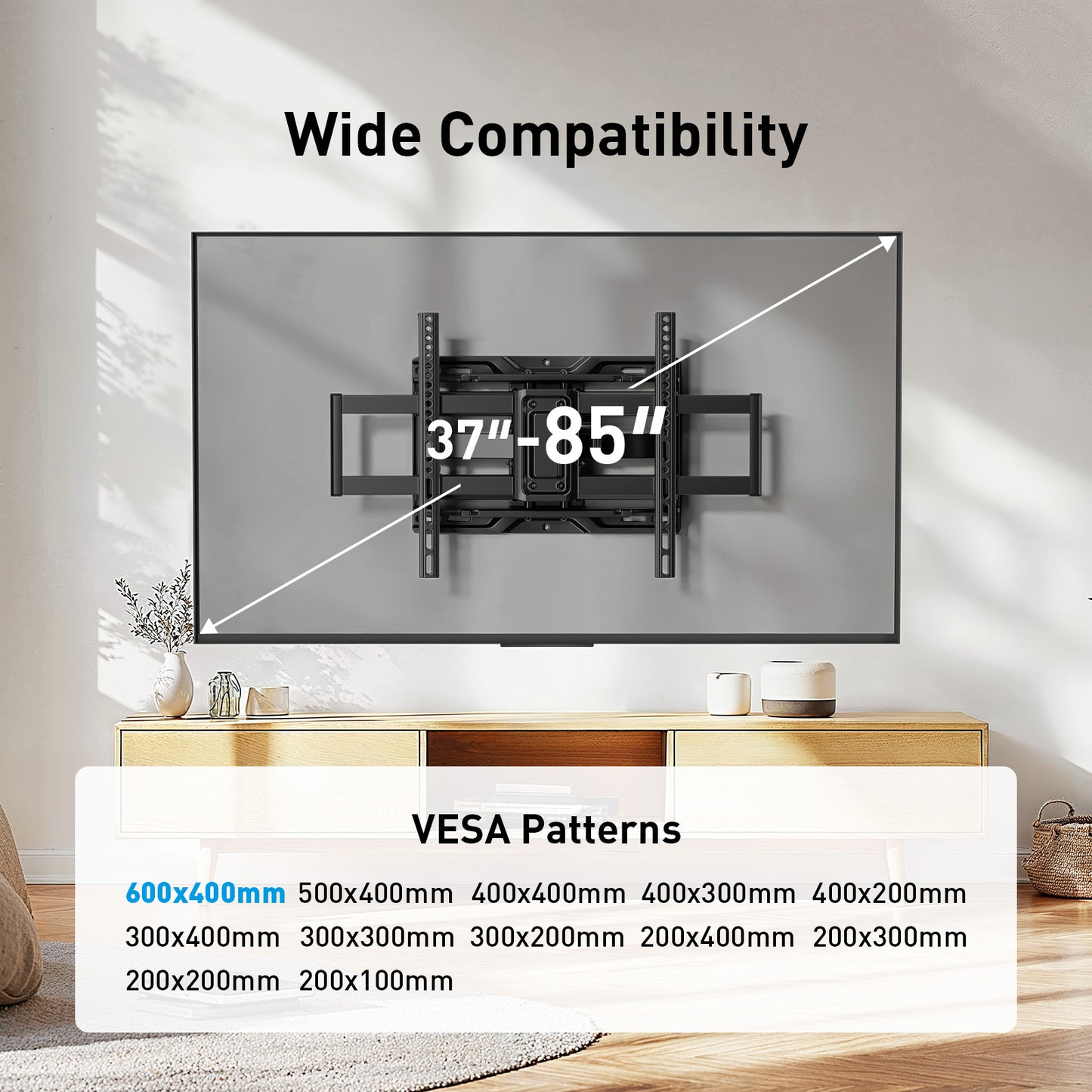 MountFTV Full motion TV Wall Mount Bracket for 42-85 600x400mm, Holds up to 132lbs