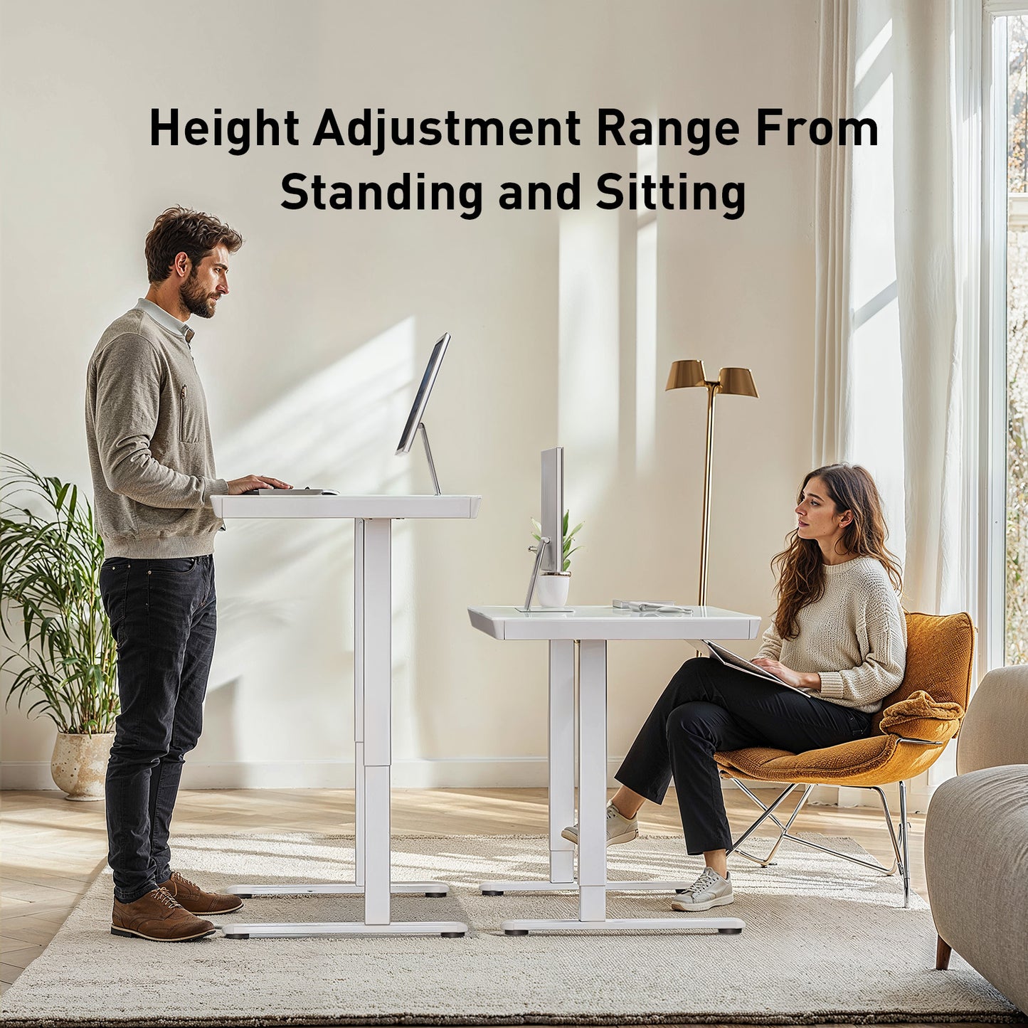 CHITOOMA 55" x 28" One Piece Glass Top Standing Desk with Drawer, Electric Height Adjustable Office Desk with USB Charging Ports, Sit to Stand Desk for Home