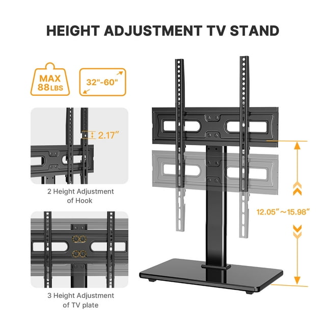 MountFTV Modern Black Universal Table Top Swivel TV Stand TV Mount Glass Base for 32-65 inch LCD LED TVs, up to 35° Swivel, Alloy Steel