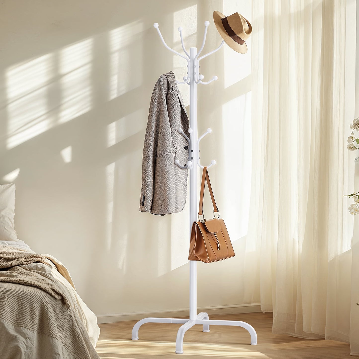 CHITOOMA 14 Hooks Coat Rack Stand Metal Storage Rack Floor Hat Clothing Display Stand, White