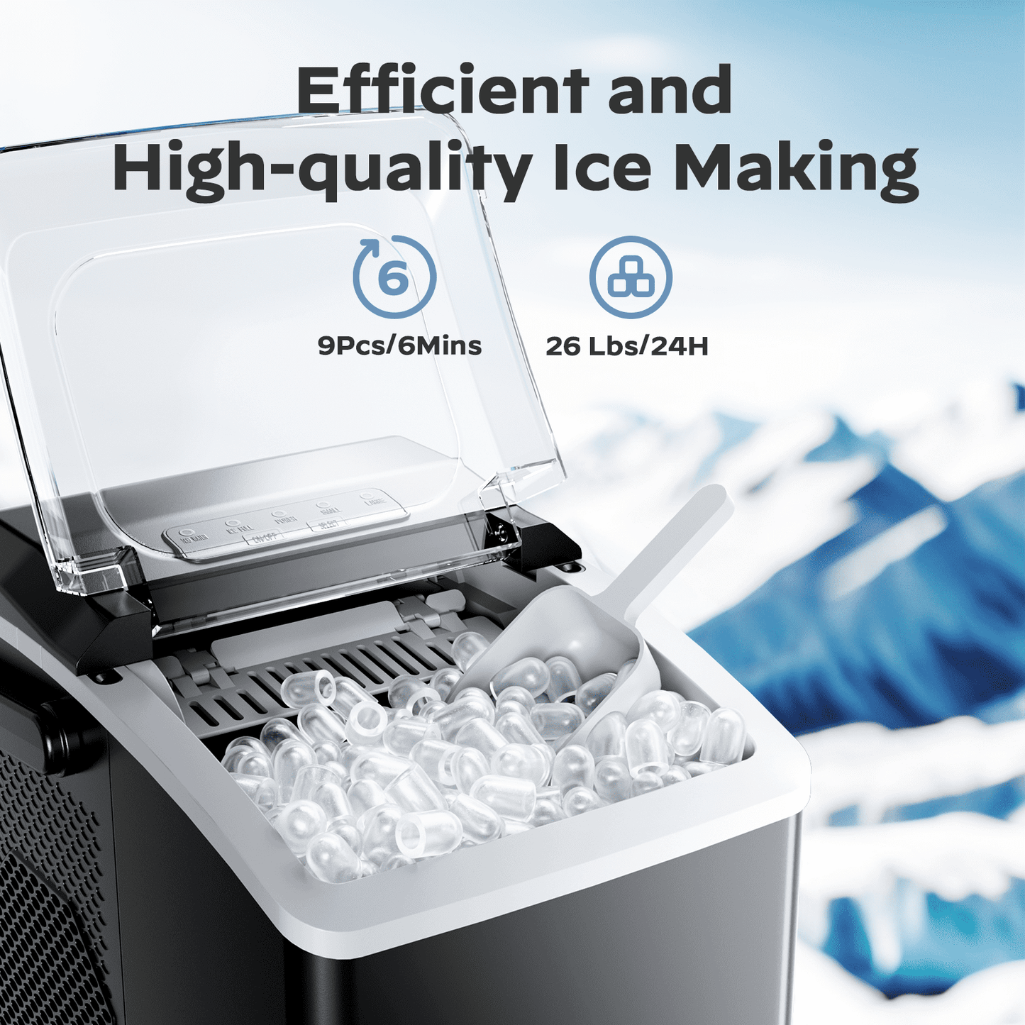 Countertop Ice Makers Machine 6 Mins 9 Bullet Ice, 26 Lbs/24 Hrs, Bullet Ice Maker with Self Cleaning Function, Portable Ice Maker for Home Kitchen Party, Black