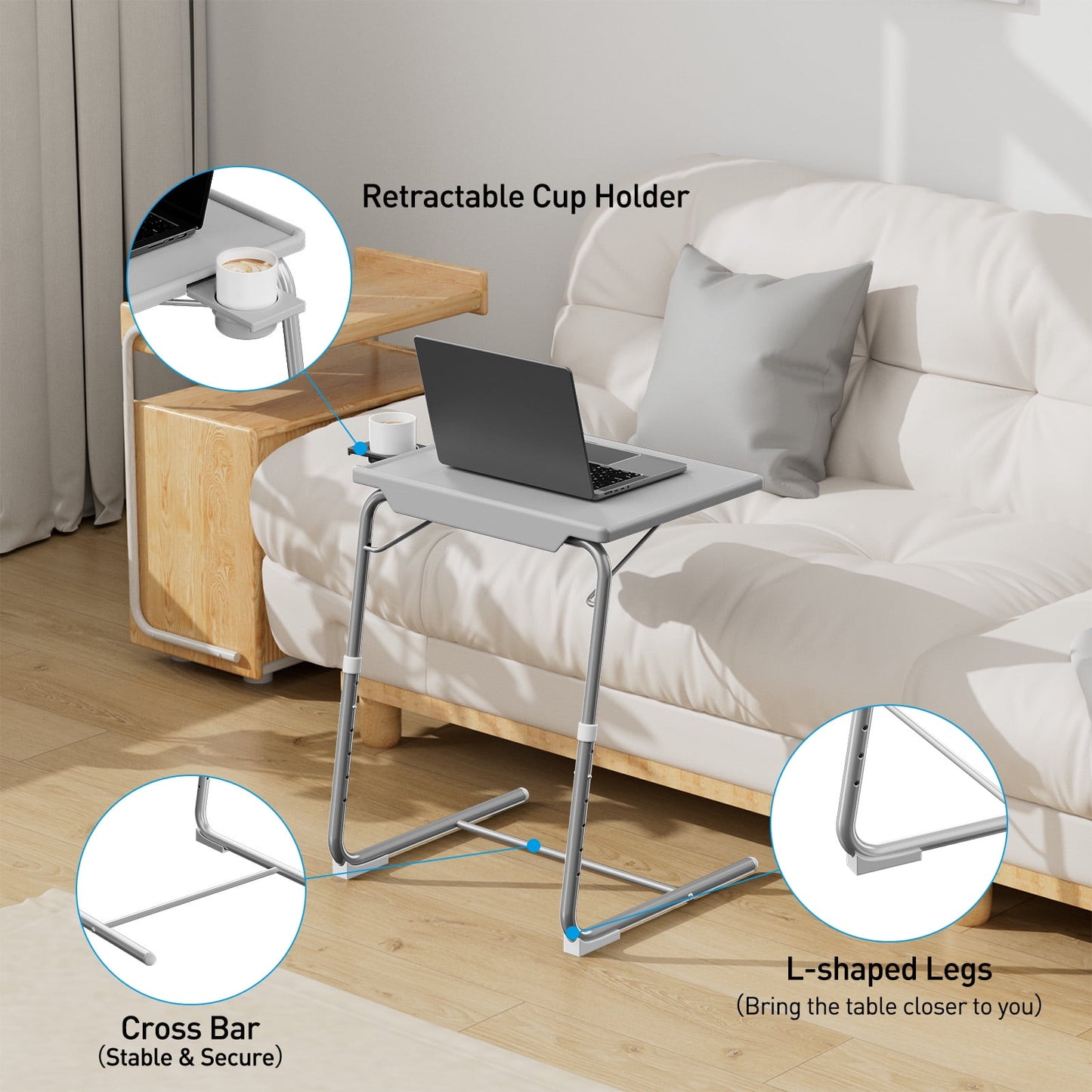 CHITOOMA Adjustable TV Tray Table with Cup Holder, 6 Height & 3 Tilt, Portable TV Dinner Tray for Eating, Bed, Couch, Folding TV Trays, Gray