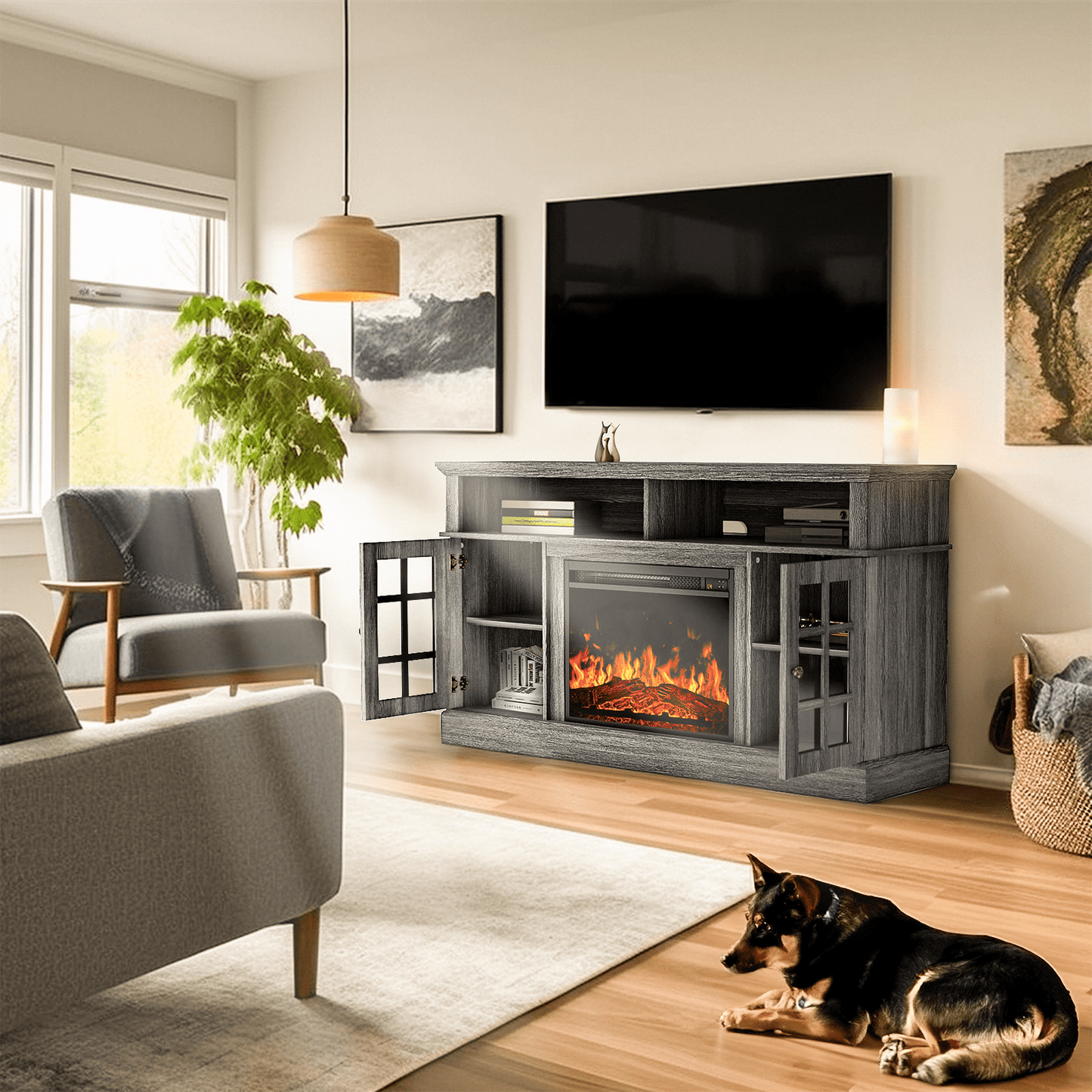 Electric Fireplace TV Stand for 75″ TVs Fireplace Entertainment Center TV Console Table with 23″ Fireplace, Holds up to 200 lbs