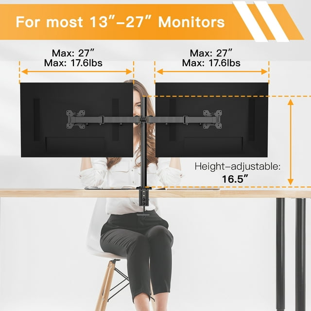 Dual Arms Desk Mount for 13-27 " Screens, Heavy Duty Fully Adjustable Monitor Desk Mount