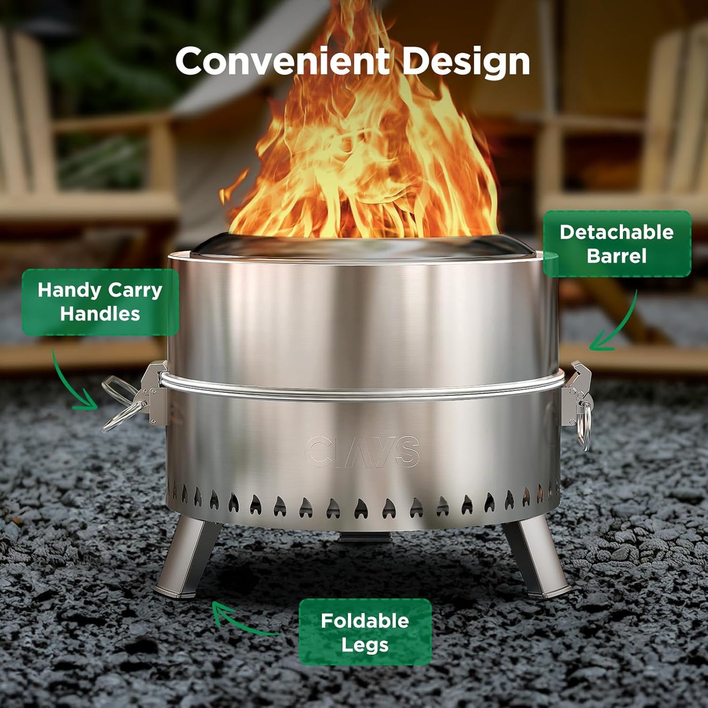 19" Smokeless Fire Pit for Outside, Stainless Steel Wood Burning Fire Pit with Foldable Legs, Grill, Poker, Carry Bag