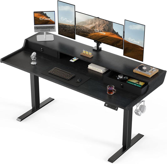 CHITOOMA 63″ x 28″ Electric Standing Desk with Drawers, Height Adjustable Gaming Desk with Monitor Stand & Storage Shelf, 4 Preset Heights for Home Office, Black