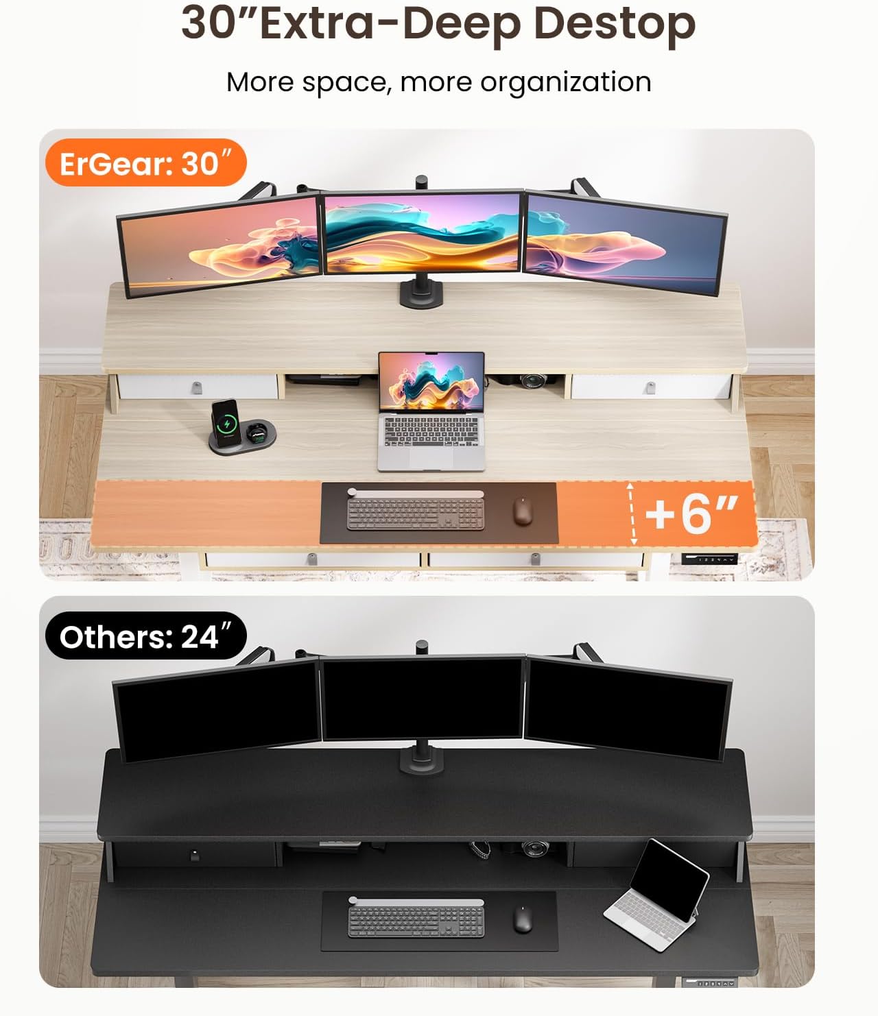 Kyspho 55″ x 30″ Standing Desk with Drawers, Electric Height Adjustable Sit Stand Desk with Storage Shelf, 4 Memory Preset Computer Desk with Cable Management Tray for Home Office, Oak