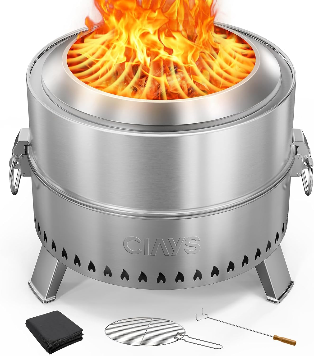 19" Smokeless Fire Pit for Outside, Stainless Steel Wood Burning Fire Pit with Foldable Legs, Grill, Poker, Carry Bag