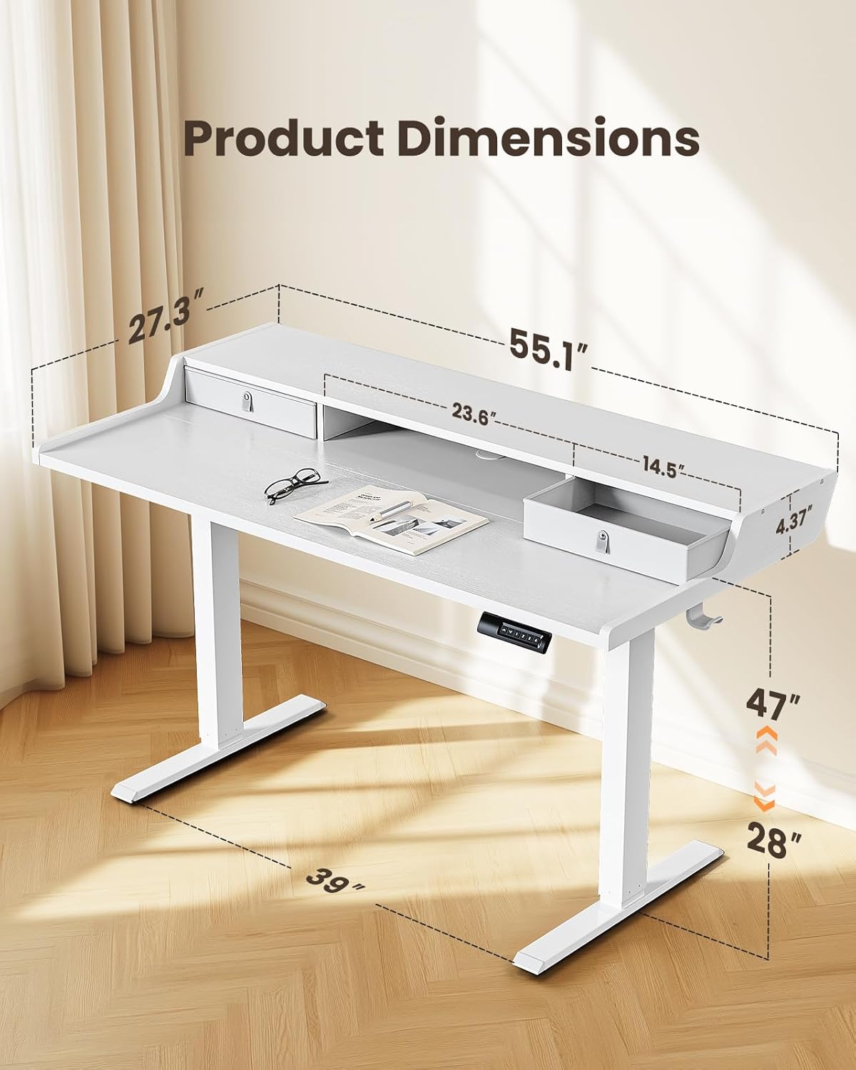 CHITOOMA 55″ x 28″ Electric Standing Desk with Drawers, Height Adjustable Gaming Desk with Monitor Stand & Storage Shelf, 4 Preset Heights for Home Office, White