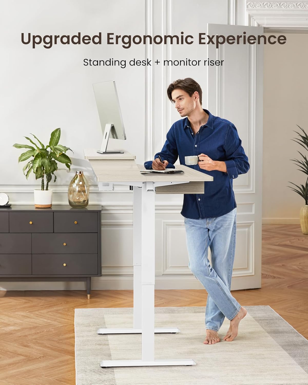 Kyspho 63″ x 30″ Standing Desk with Drawers, Electric Height Adjustable Sit Stand Desk with Storage Shelf, 4 Memory Preset Computer Desk with Cable Management Tray for Home Office, Oak