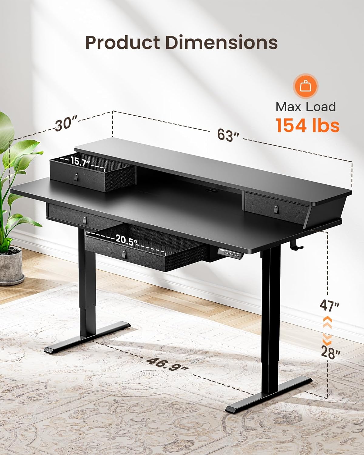 Kyspho 63″ x 30″ Standing Desk with Drawers, Electric Height Adjustable Sit Stand Desk with Storage Shelf, 4 Memory Preset Computer Desk with Cable Management Tray for Home Office, Black