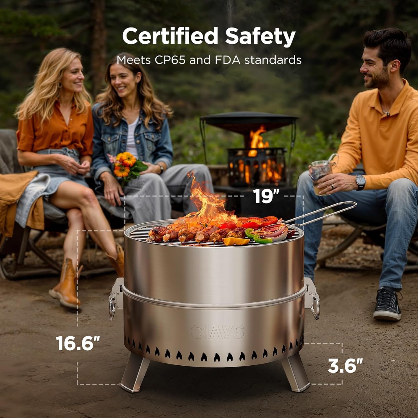 19" Smokeless Fire Pit for Outside, Stainless Steel Wood Burning Fire Pit with Foldable Legs, Grill, Poker, Carry Bag