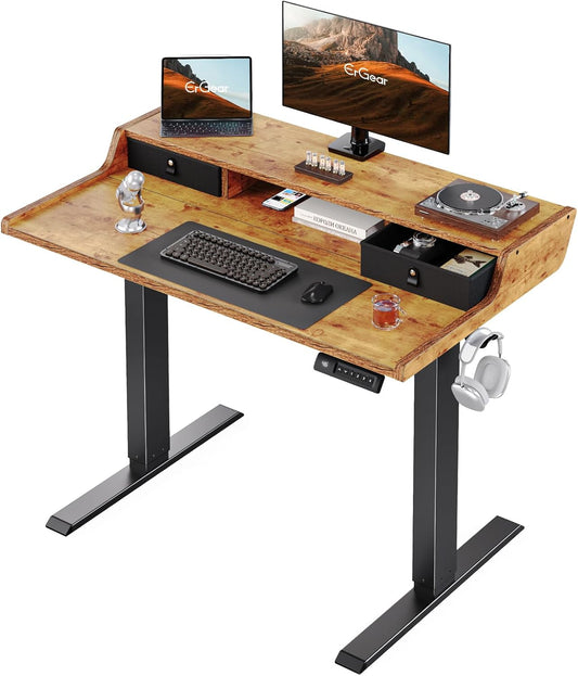 CHITOOMA Electric Standing Desk with Drawers, 40″ x 24″ Height Adjustable Stand up Desk with Storage Shelf, Gaming Desk Compatible Monitor Stand, 4 Preset Heights for Home Office, Brown