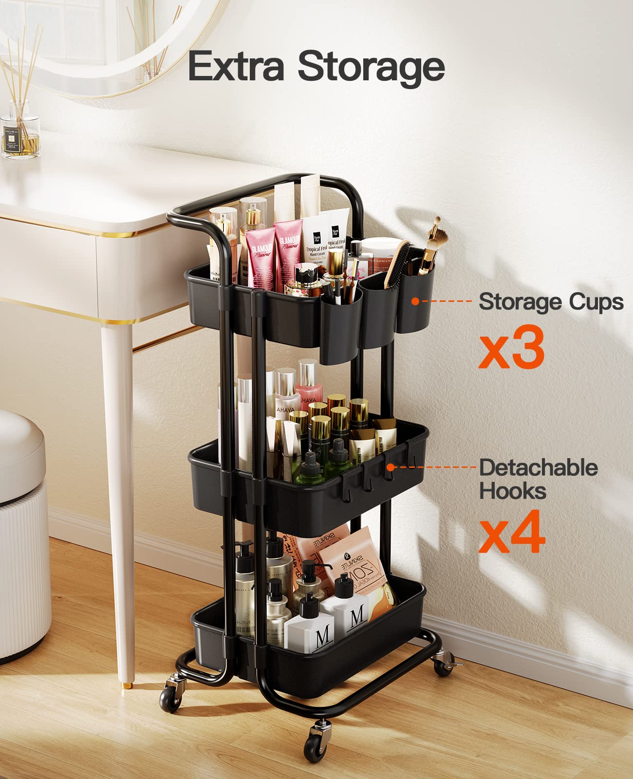 3-Tier Metal Rolling Cart Utility Cart Storage Cart with Lockable Wheels, 3 Hanging Cups & 4 Hooks for Office, Kitchen, Black