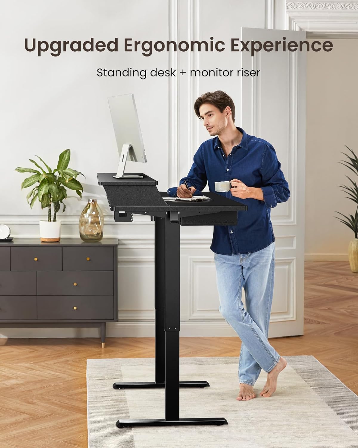Kyspho 48″ x 30″ Standing Desk with Drawers, Electric Height Adjustable Sit Stand Desk with Storage Shelf, 4 Memory Preset Computer Desk with Cable Management Tray for Home Office, Black