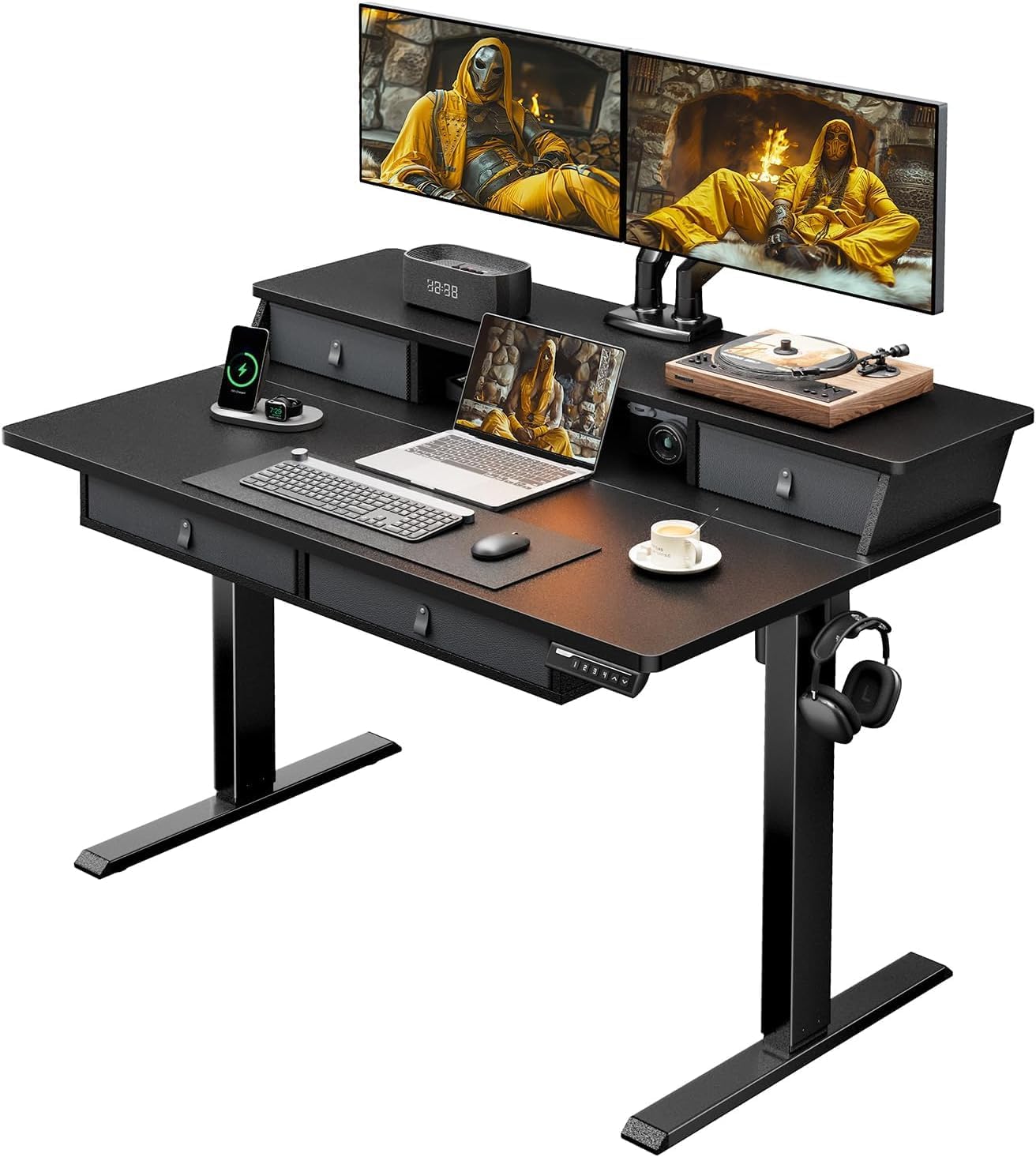 Kyspho 48″ x 30″ Standing Desk with Drawers, Electric Height Adjustable Sit Stand Desk with Storage Shelf, 4 Memory Preset Computer Desk with Cable Management Tray for Home Office, Black