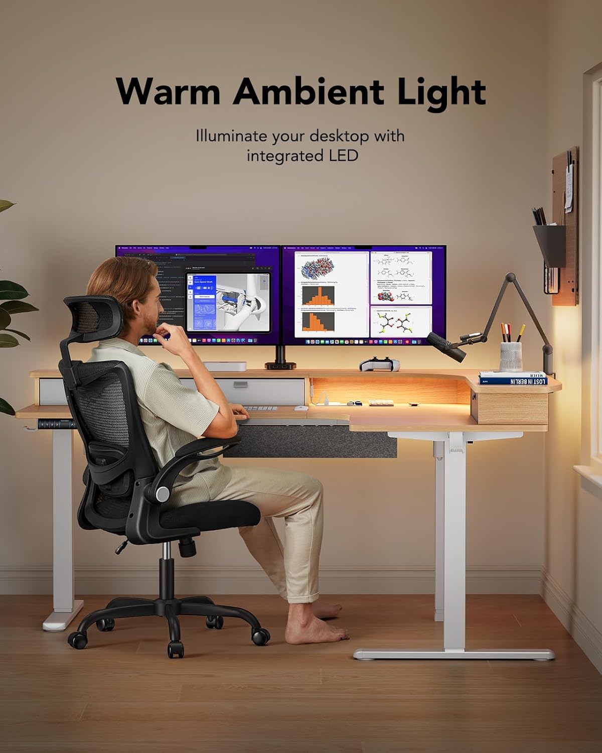 Kyspho 65″ L-Shaped Standing Desk, Electric Height Adjustable Corner Computer Desk with Power Outlets & LED Strip, Sit Stand Up Desk with with 3 Drawers for Home Office, Oak