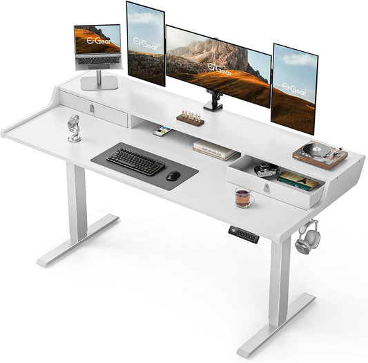 CHITOOMA 63″ x 28″ Electric Standing Desk with Drawers, Height Adjustable Gaming Desk with Monitor Stand & Storage Shelf, 4 Preset Heights for Home Office, White