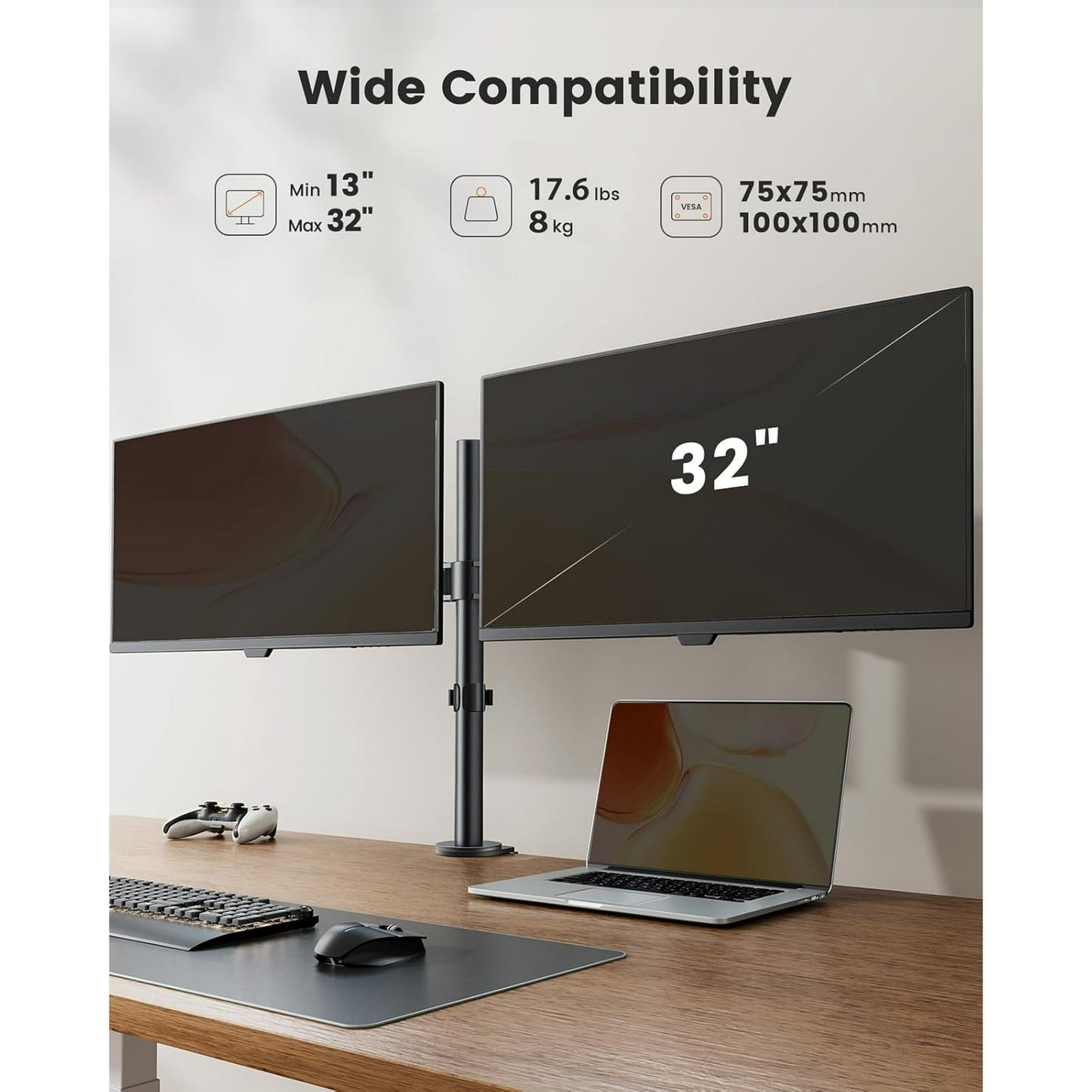 Dual Monitor Stand for 13 to 32” Fully Adjustable Monitor Stand Fits up to 17.6 lbs per Arm