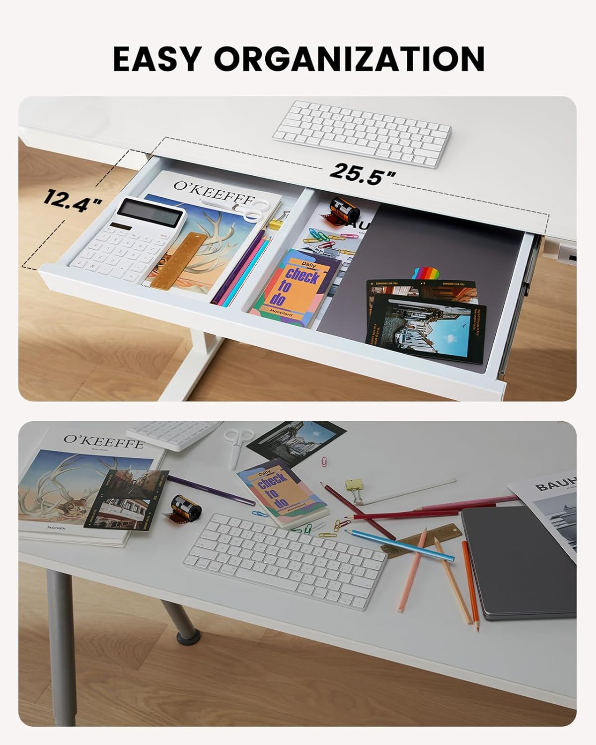 One Piece Glass Top Standing Desk with Drawer and Charging Ports, 55" x 24" Electric Height Adjustable Desk, Sit Stand up for Home Office, White
