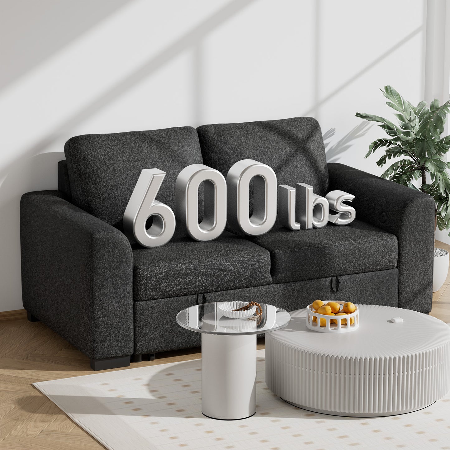 CHITOOMA 60'' Pull Out Sofa Bed Convertible Sleeper Couch with Charging Port, Upholstered Sectional Sofa with 2 Pillows, Reclining Sofas for Living Room, Black