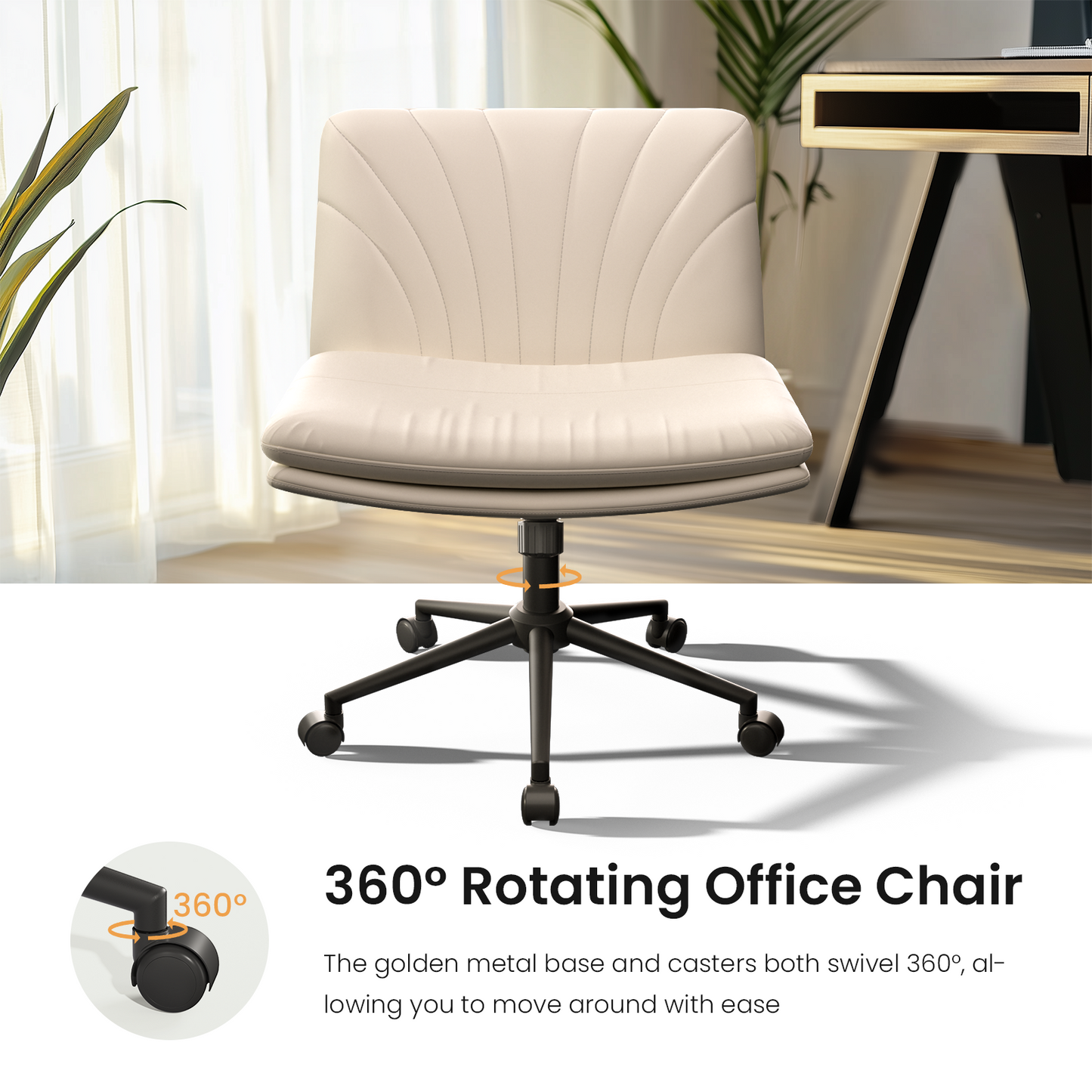 Kyspho PU Leather Armless Office Desk Chair with Caster Wheels, Height-Adjustable Office Chair with Tilt & Swivel, Wide Seat, Ergonomic Chair for Office/Vanity/Living Room