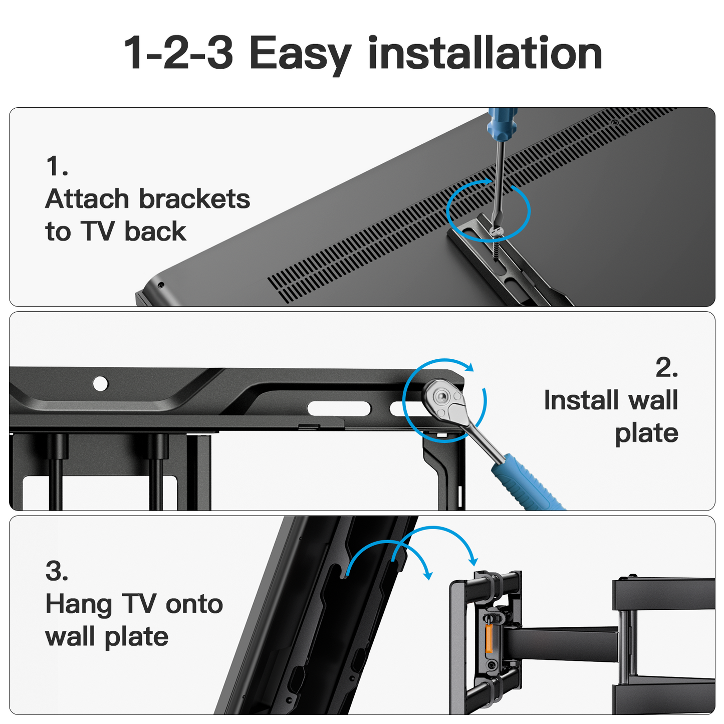 MountFTV Full Motion TV Wall Mount Bracket with Tool-Free Tilt for 37-90 inch TVs, Max 600x400mm, Holds up to 132 lbs
