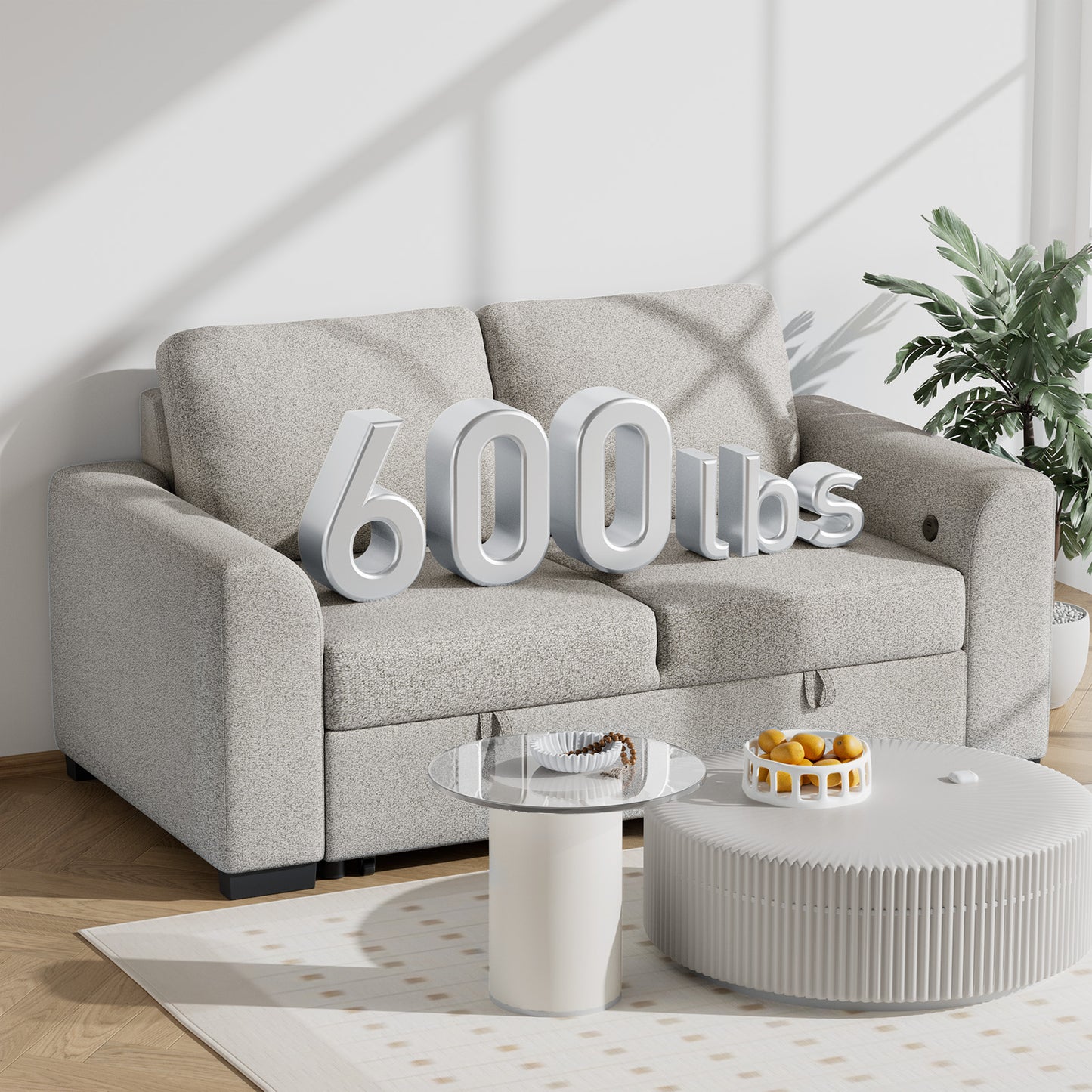 CHITOOMA 60'' Pull Out Sofa Bed Convertible Sleeper Couch with Charging Port, Upholstered Sectional Sofa with 2 Pillows, Reclining Sofas for Living Room, Beige