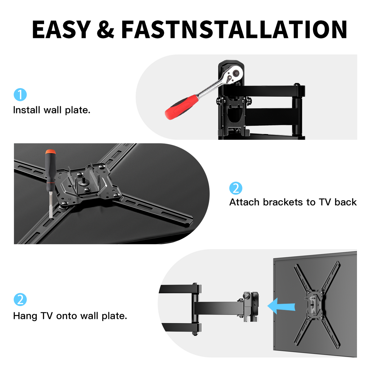 MountFTV Full Motion TV Wall Mount with 360°Rotation for Most 26–50 inch TVs, TV Monitor Wall Mount Bracket holds up to 55lbs, Max 400x400mm