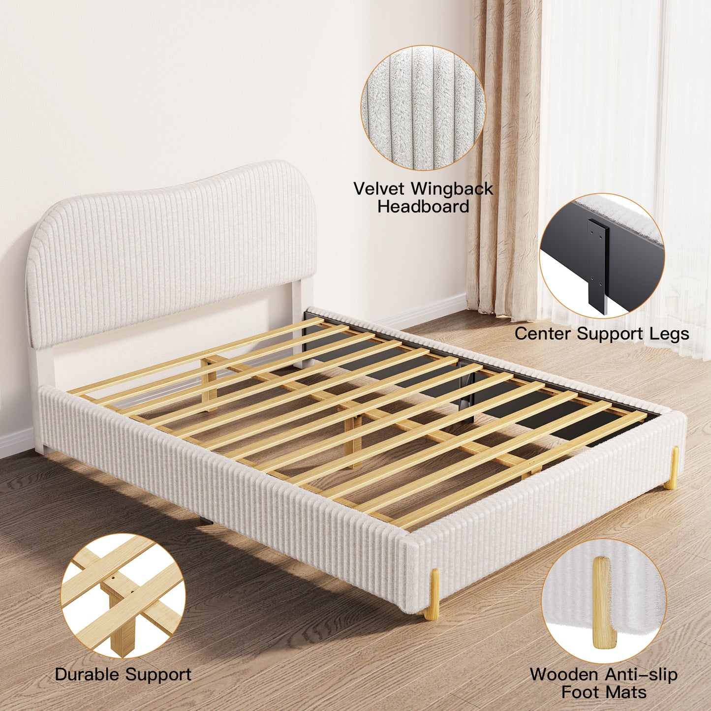 CHITOOMA Queen Bed Frame with Headboard, White Velvet Upholstered Platform Bed Frame Queen Size No Box Spring Needed, Noise-Free, Heavy Duty